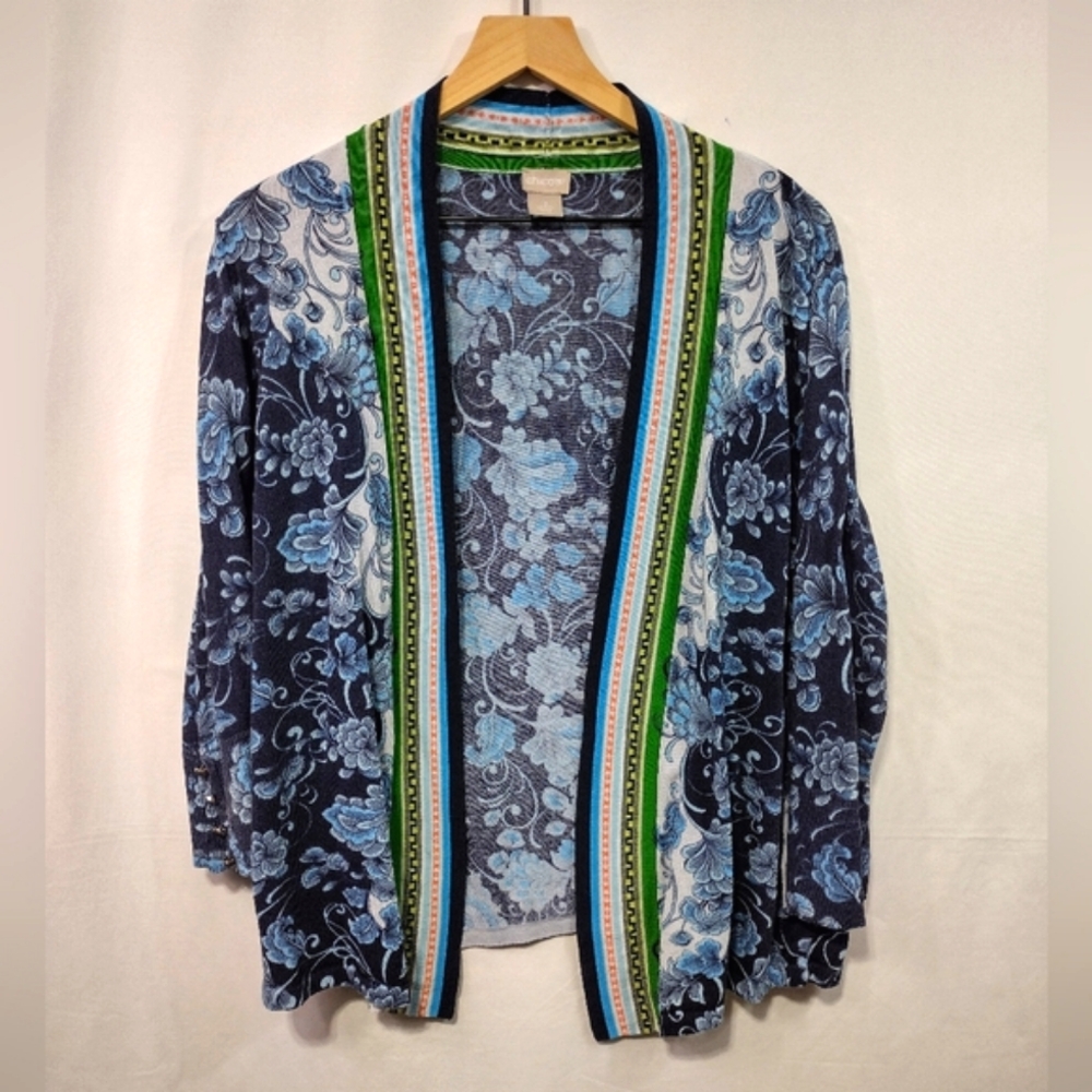 Chico's The Perfect Layer Cardigan Women's L Blue Floral Retro Cottagecore 90s